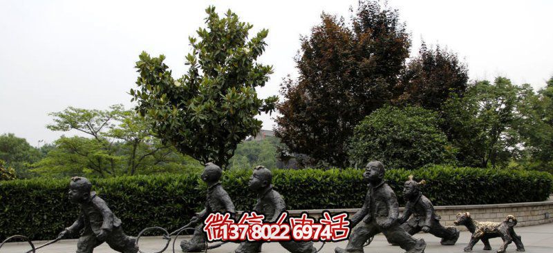 推鐵環，兒童奔跑，公園雕塑銅雕