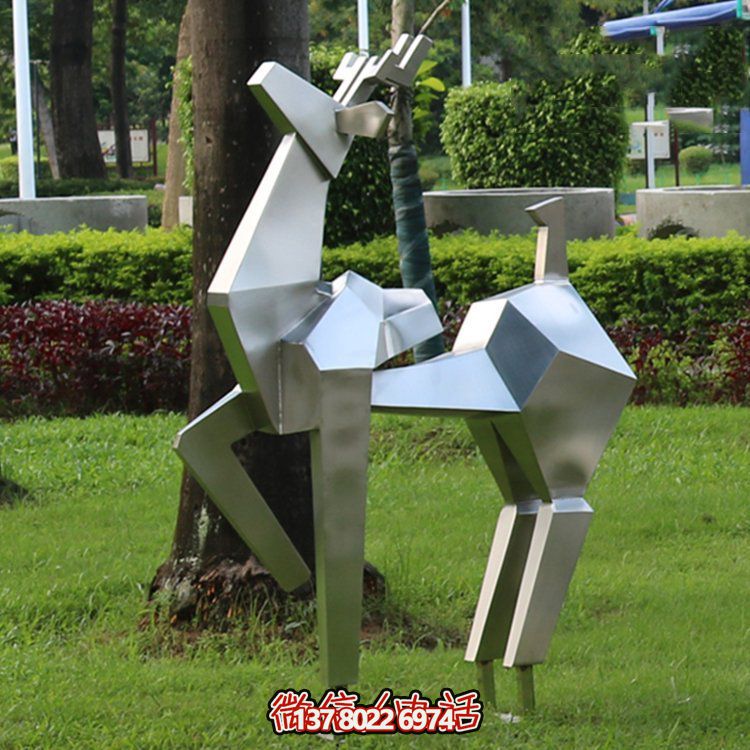不銹鋼幾何切面鹿雕塑，優(yōu)雅動(dòng)物景觀擺件