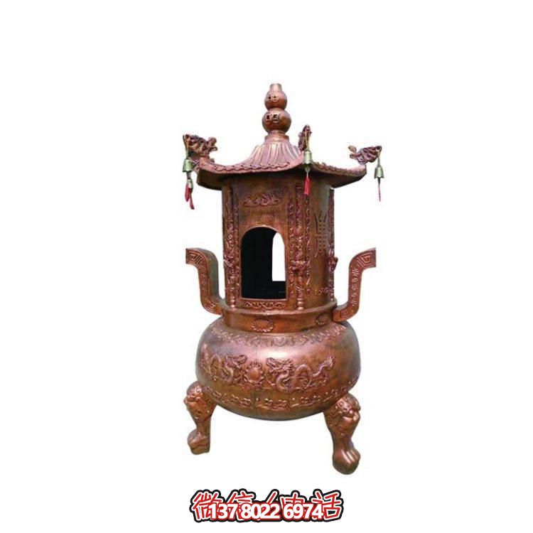 純銅香爐四柱舍利塔，裝飾寺院舍利