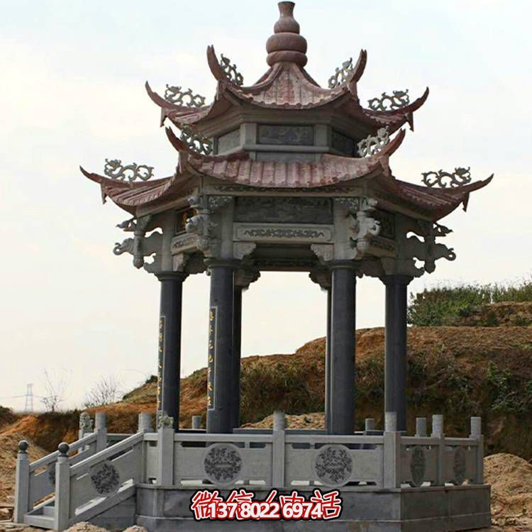 古典風格二層涼亭，青石雕刻仿古園林戶外擺放
