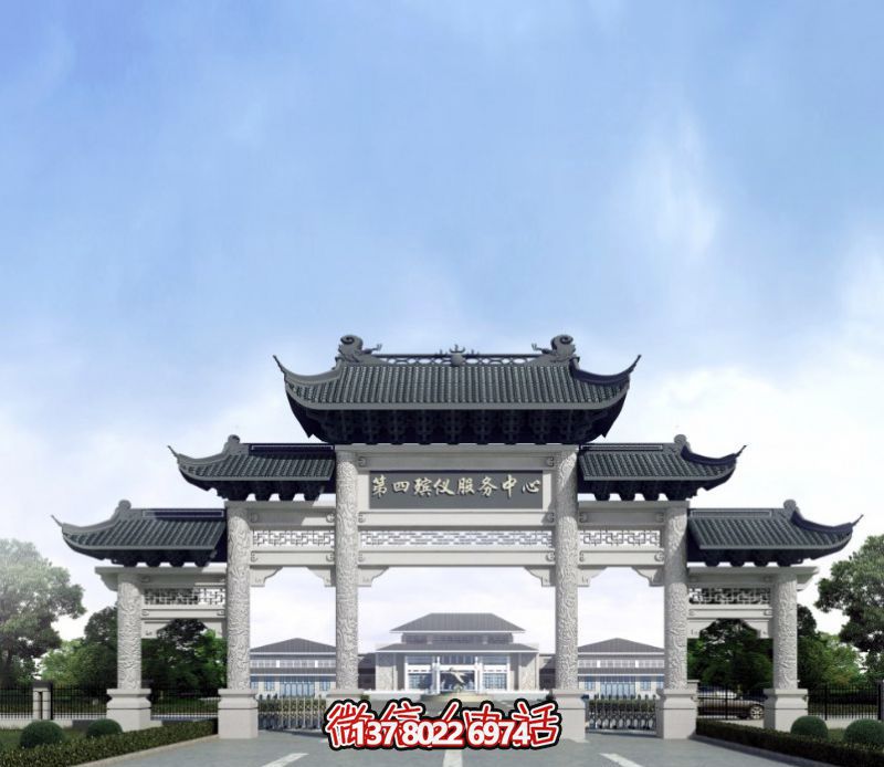 一座新式殯儀館五門景觀、青瓦斗拱、牌樓等高雅裝飾